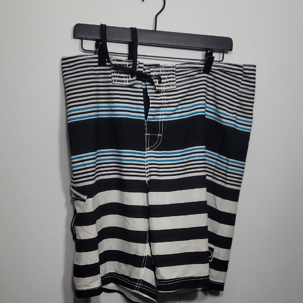 Voodoo Water Repellent Striped Black and White Board Shorts with Blue Accents